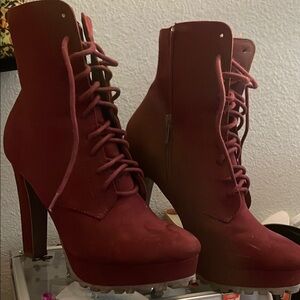 Shoe Dazzle Red Heeled Boots with Lace-Up Design